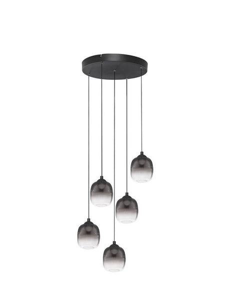 Dagpleje LED 5-pære pendel Ø 43cm 3000K sort, røg med moderne, røgfarvede glaskugler.
