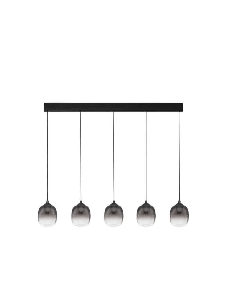 Kita LED Pendelleuchte Balken 95cm 5-flammig 3000K Schwarz, Rauch mit matt-schwarzem Aluminium und rauchfarbenem Glas.