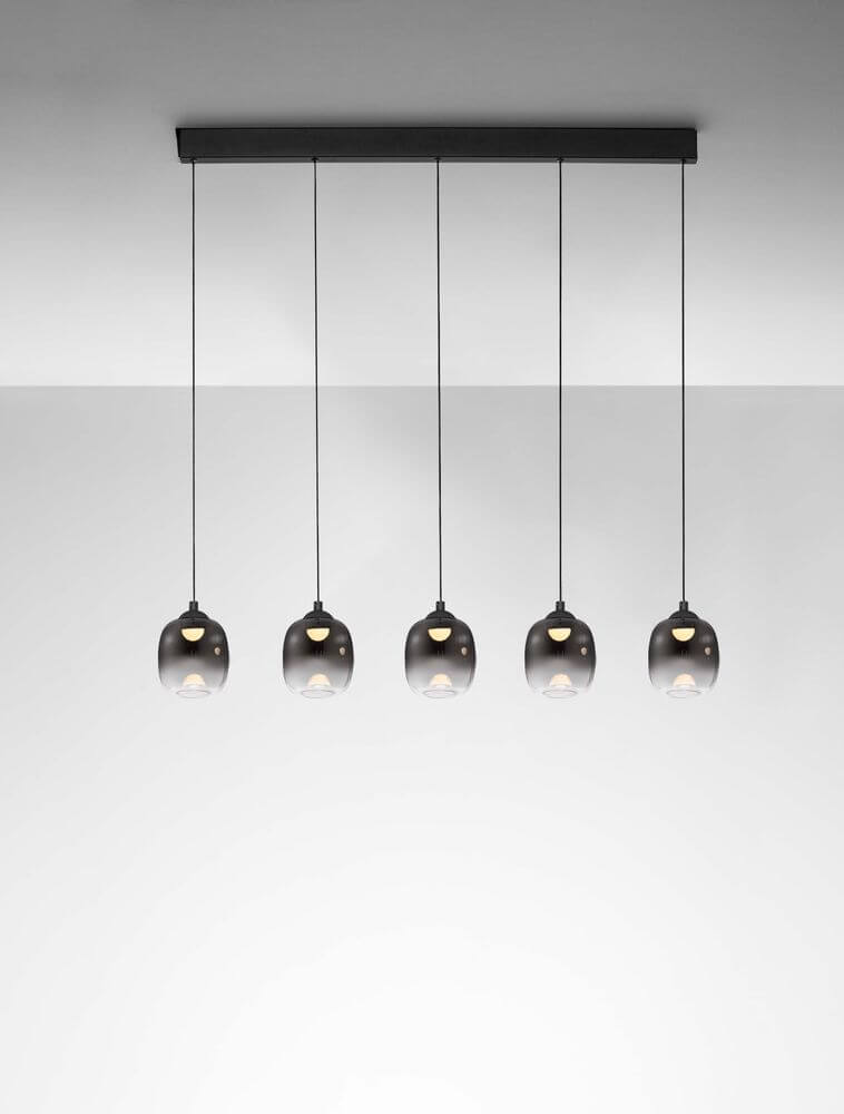 Kita LED Pendelleuchte Balken 95cm 5-flammig 3000K Schwarz, Rauch - moderne Designlampe mit Rauchglas