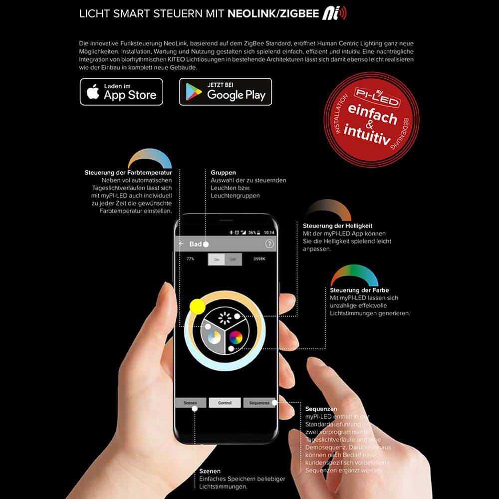 Benutzeroberfläche der Neolink App zur Steuerung von RGB LED-Beleuchtung mit Smartphones über Zigbee.