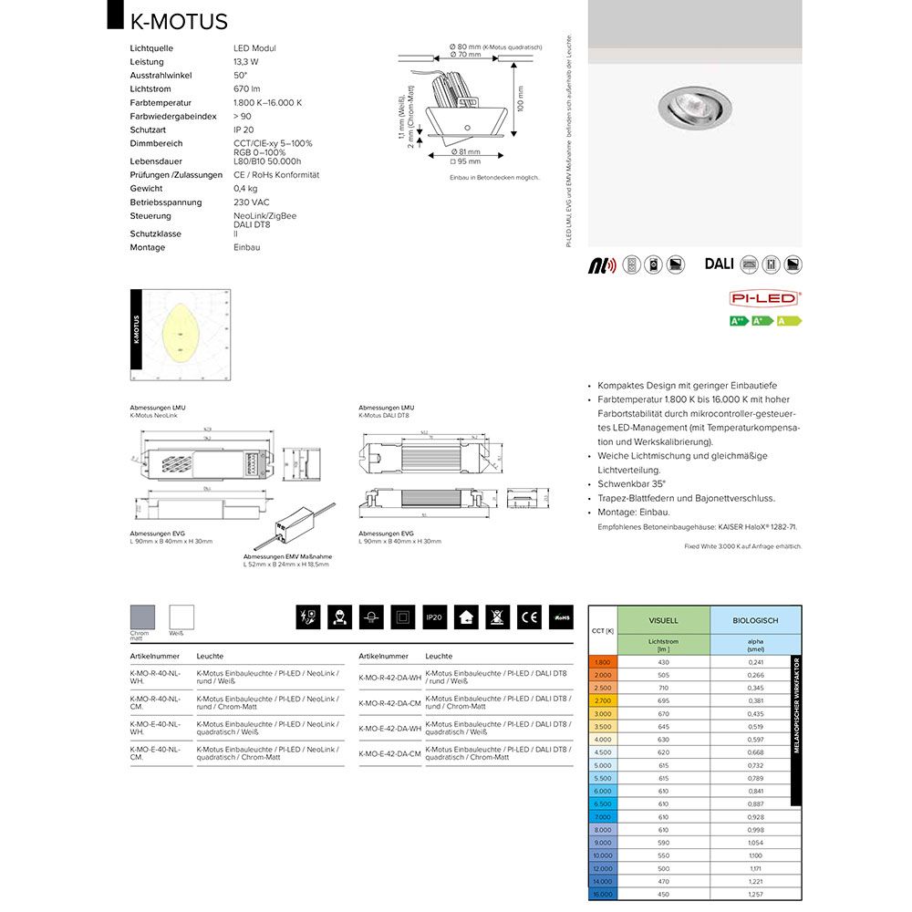 Technische Daten des K-Motus HCL Einbauspots mit RGBW-Funktionen und DALI-Kompatibilität.