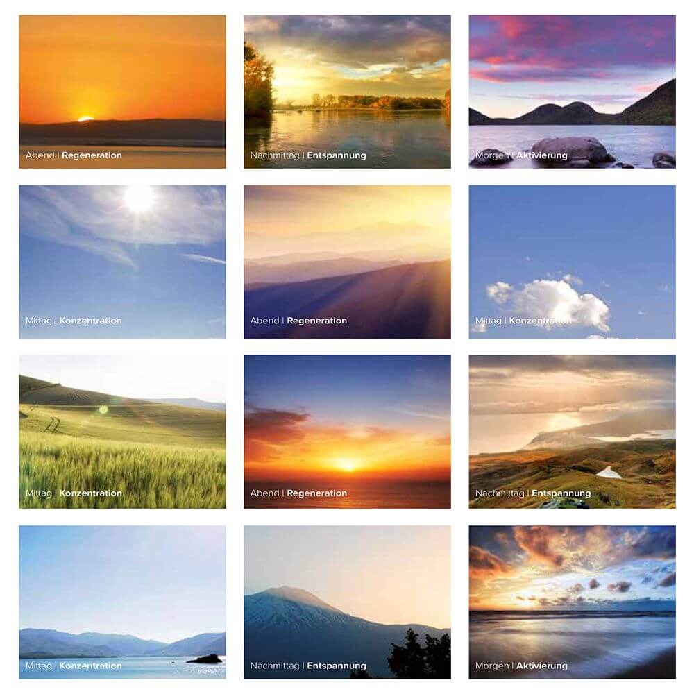 Collage von Landschaftsbildern für unterschiedliche Tageszeiten und Stimmungen: Abend, Mittag, Nacht.