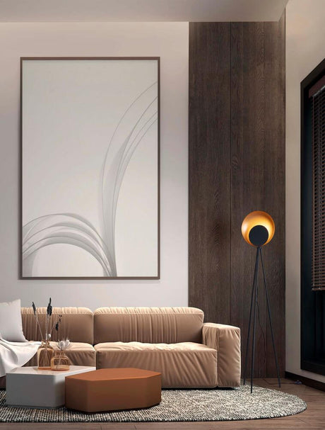 Kitro LED floor lamp 3000K Black, Gold in a modern living area with sofa and artwork on the wall.