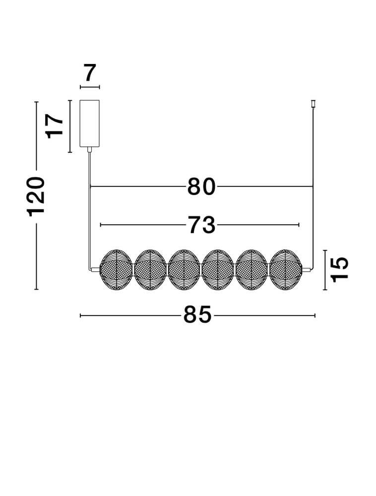 Maße der Klelia Pendelleuchte 6-flammig 3000K Gold mit Abmessungen 120x85x15 cm.