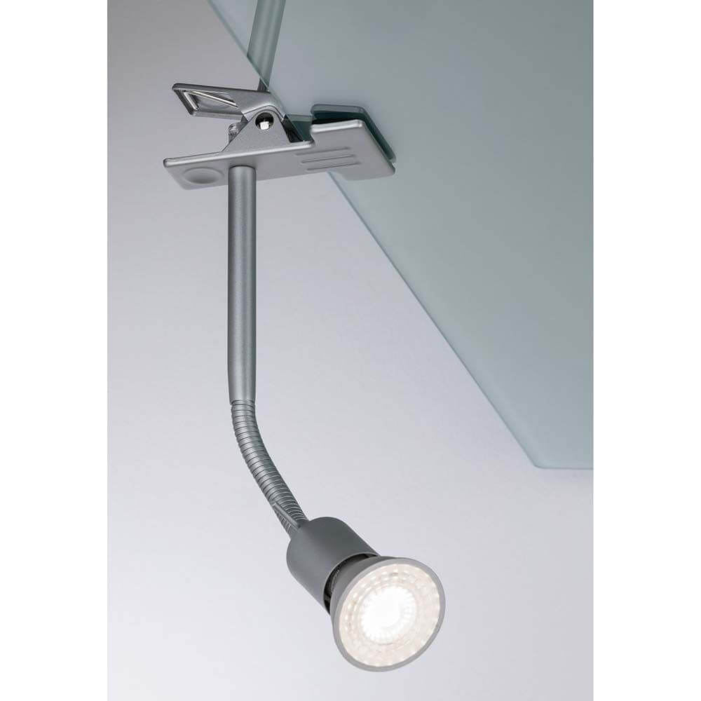 Klemmspot Finja GU10 in Chrom, flexible Leuchte mit Schnurschalter für gezieltes Licht, ideal als Leseleuchte.