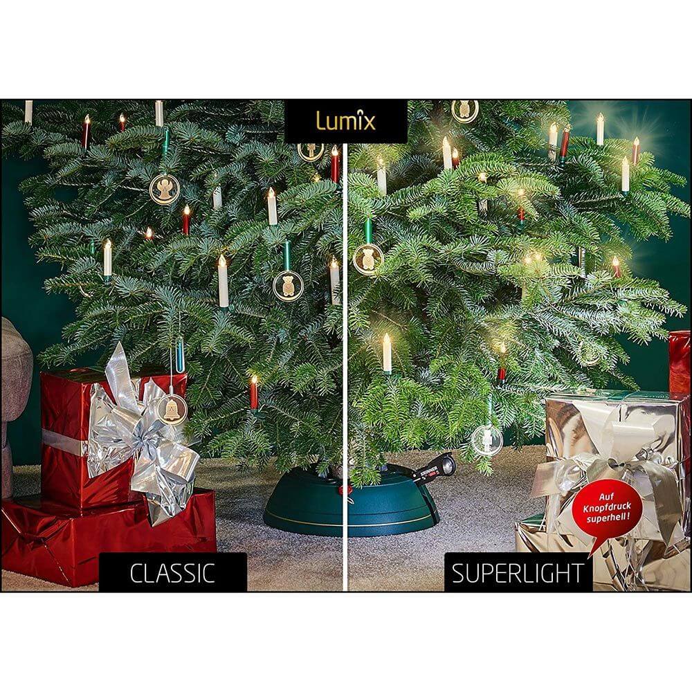 LED Christbaumkerzen Lumix Superlight Mini Goldfarben Basis im Vergleich zwischen Classic und Superlight Modus.