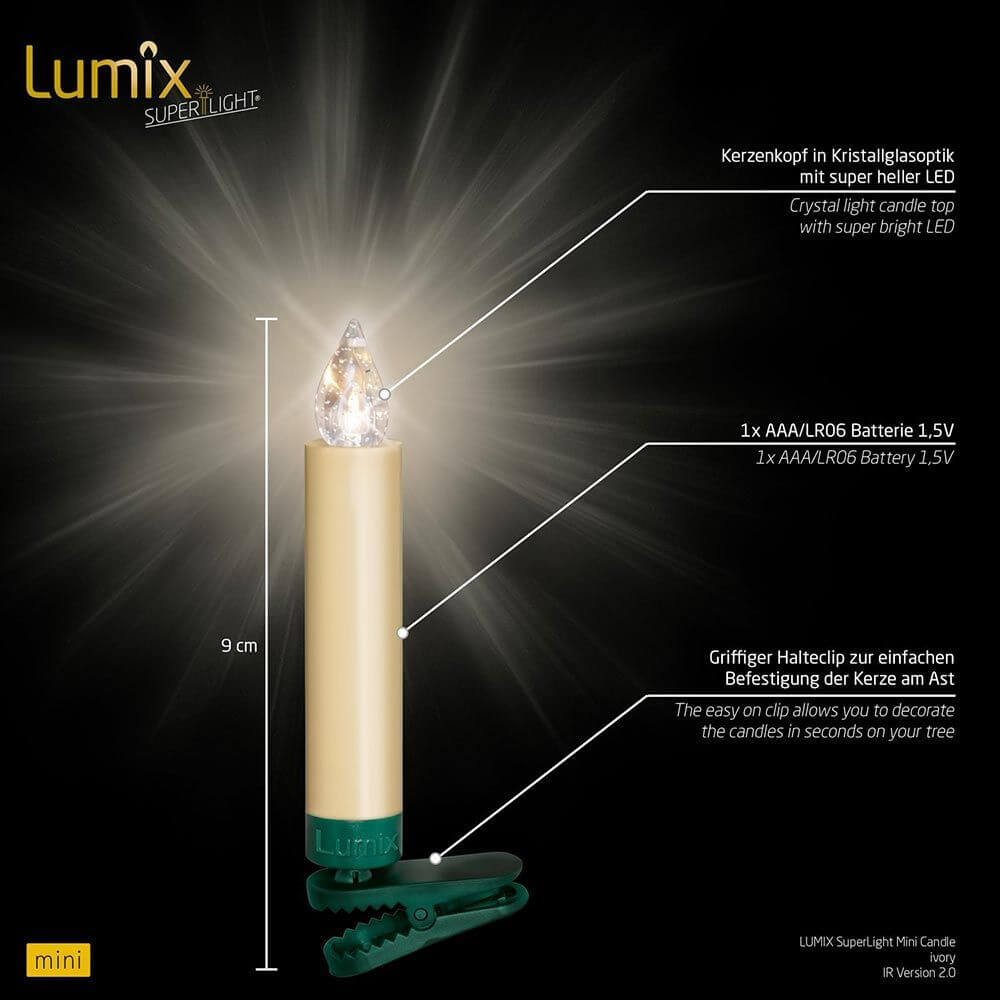 LED Christbaumkerzen Lumix Superlight Mini Goldfarben Basis mit super hellem LED Lichtern und Halteclip.