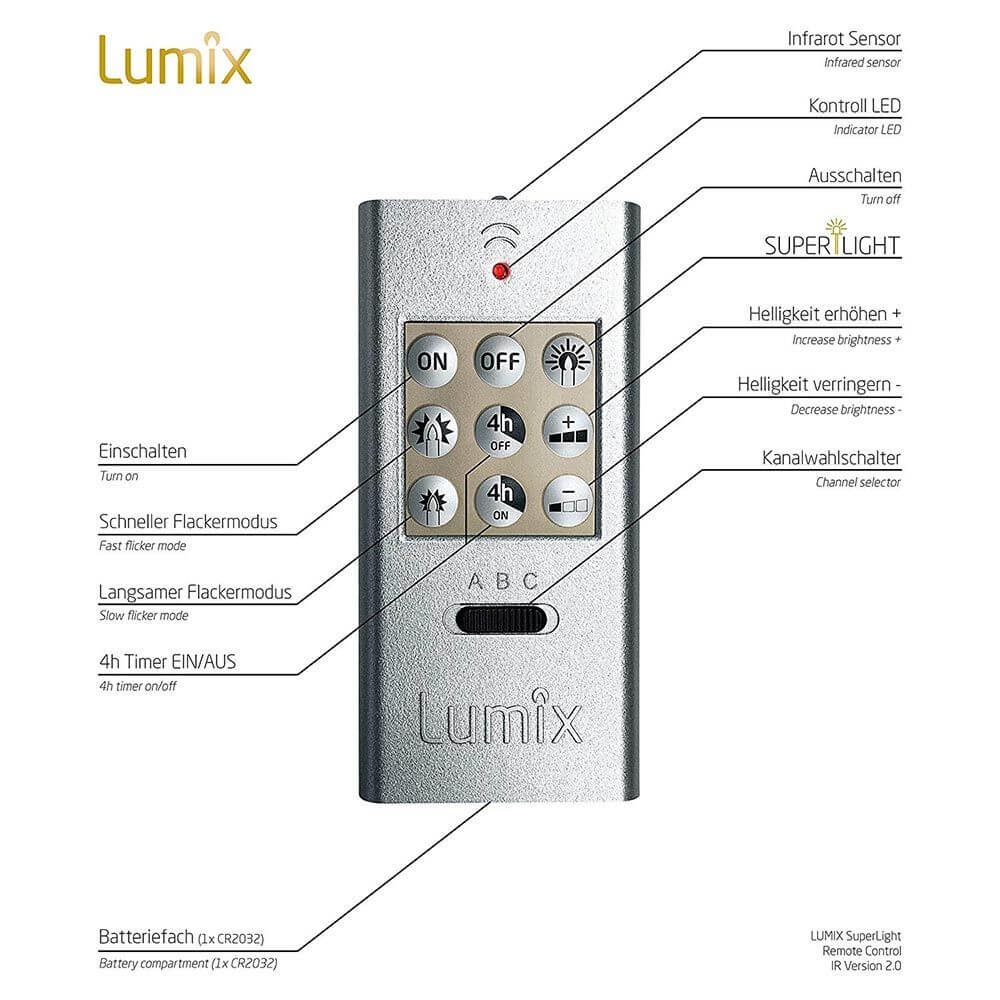 LED Christbaumkerzen Lumix Superlight Mini Goldfarben Basis Fernbedienung mit Infrarotsensor und Helligkeitseinstellungen.