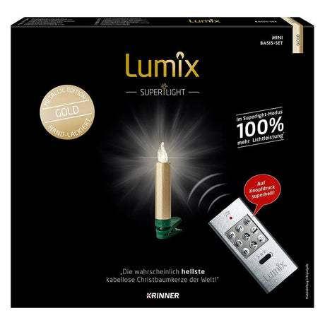 LED-julelys for juletre Lumix Superlight Mini gullfarget base - Metallic Edition i emballasjen.