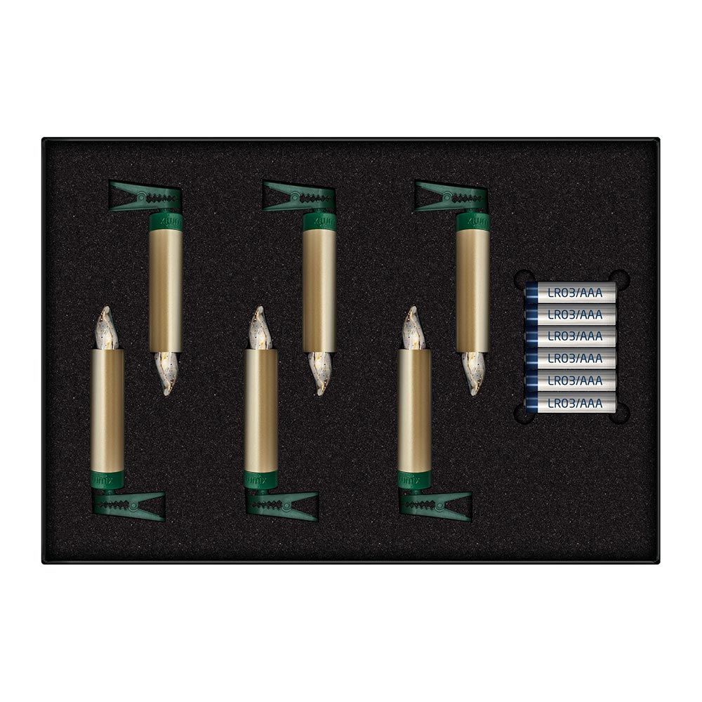 6 goldfarbene LED Christbaumkerzen Lumix Superlight im Set mit Batterien, ideal für festliche Dekoration.