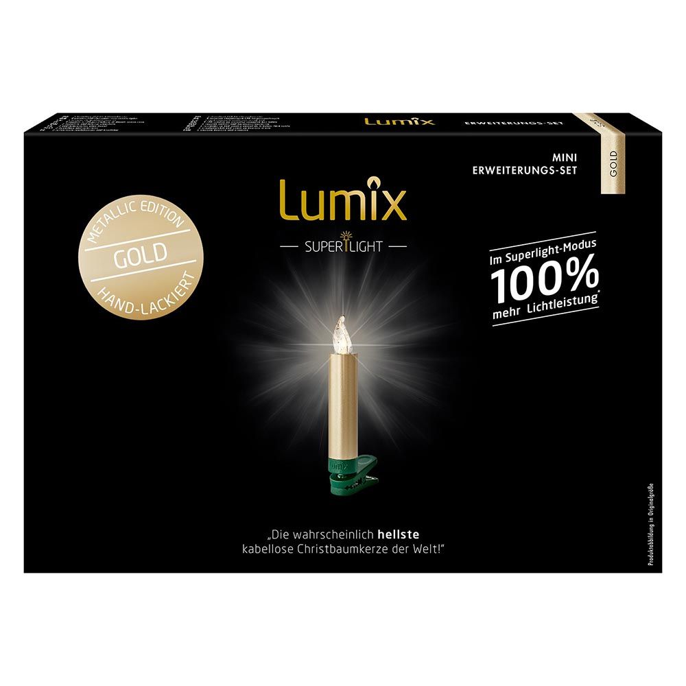 Lumix SuperLight Mini Erweiterungsset in Gold, kabellose Christbaumkerzen mit 100% mehr Lichtleistung.
