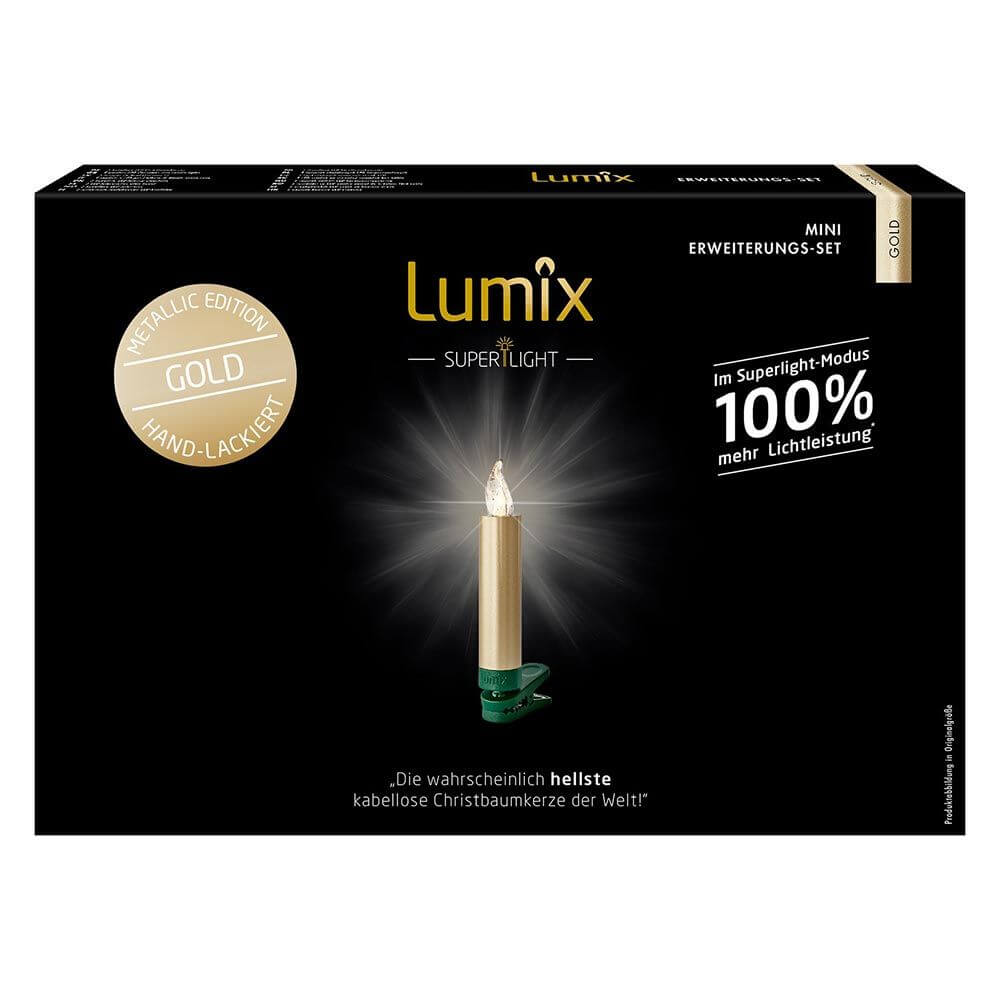 LED Christbaumkerzen Lumix Superlight Mini Goldfarben Erweiterung - Handlackierte metallic goldene Kerze im Superlight-Modus.