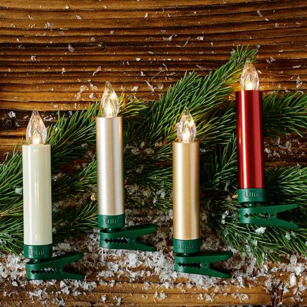 LED Christbaumkerzen Lumix Superlight in Gold, Silber und Rot, dekorativ und modern für den Weihnachtsbaum.