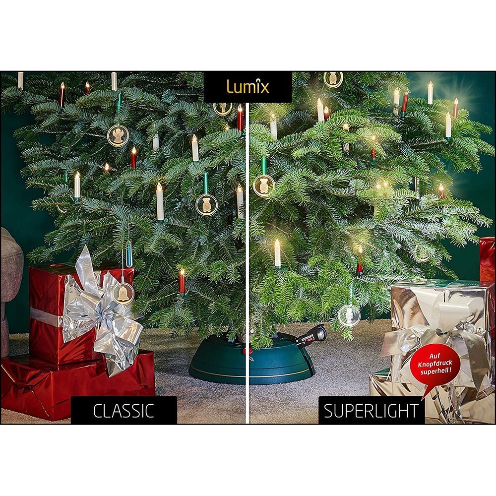 Vergleich von Lumix Superlight und Classic Christbaumkerzen am Weihnachtsbaum mit Geschenken.