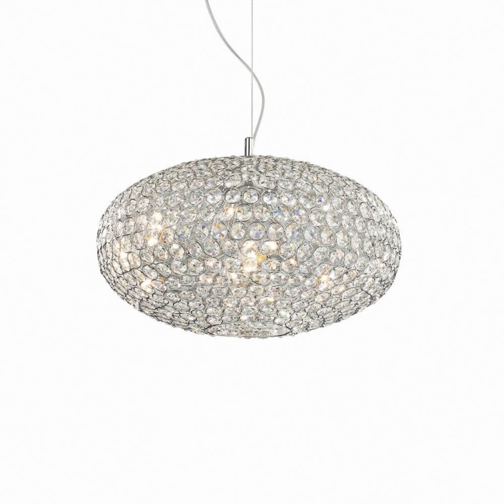 Kristall-Pendelleuchte Orion SP8 Ø50cm Chrom im eleganten Design mit Kristall-Achtecken und höhenverstellbarem Stahlkabel.