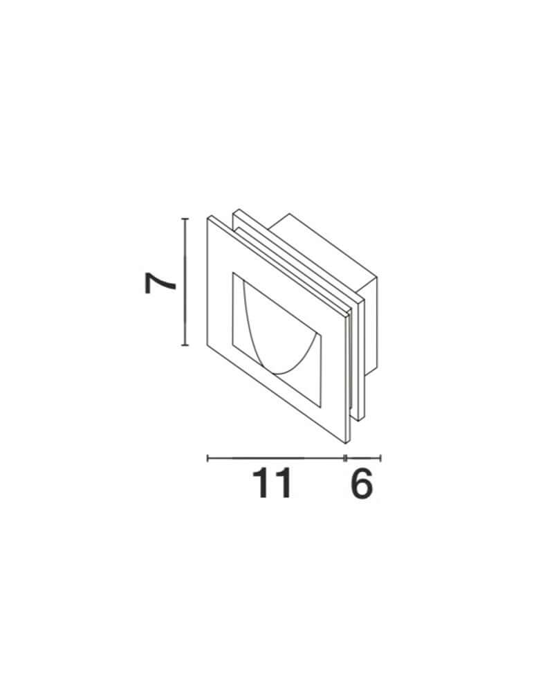 Krypton LED Außenwandeinbauleuchte Lichtauslass Kegel 3000K IP54 technische Zeichnung, Maße 11x7x6 cm.