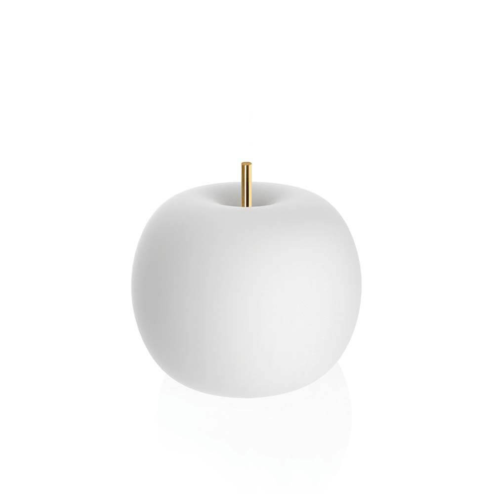 Kundalini Glas Tischlampe Kushi Ø16cm in Form eines weißen Apfels mit goldenem Stab.