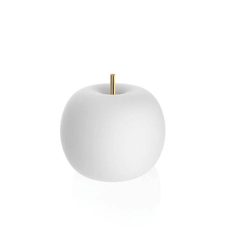 Kundalini Glas Tischlampe Kushi Ø16cm in Form eines weißen Apfels mit goldenem Stab.