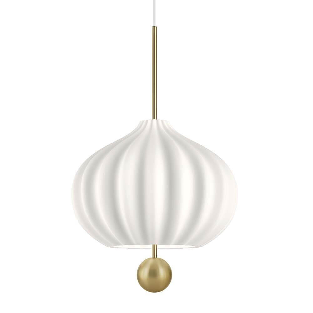 Kundalini Hängelampe Lilli mit Opalglas-Schirm Messing Ø 32cm, elegante Pendelleuchte mit geschwungener Form und goldenen Akzenten.
