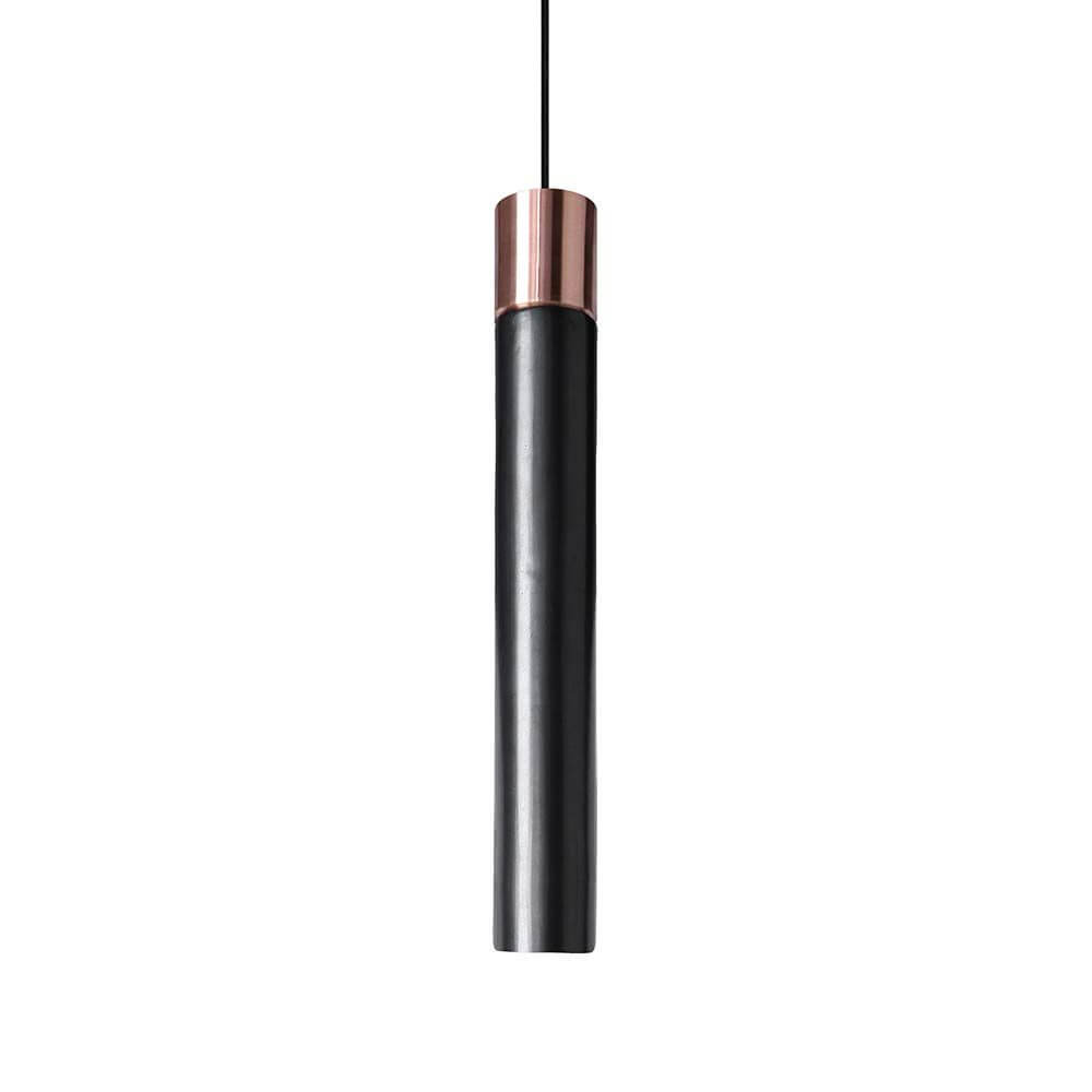 Kundalini Keramik LED Pendelleuchte Minimal Dimmbar in schwarzem Keramikdesign mit kupferfarbenem Deckel.