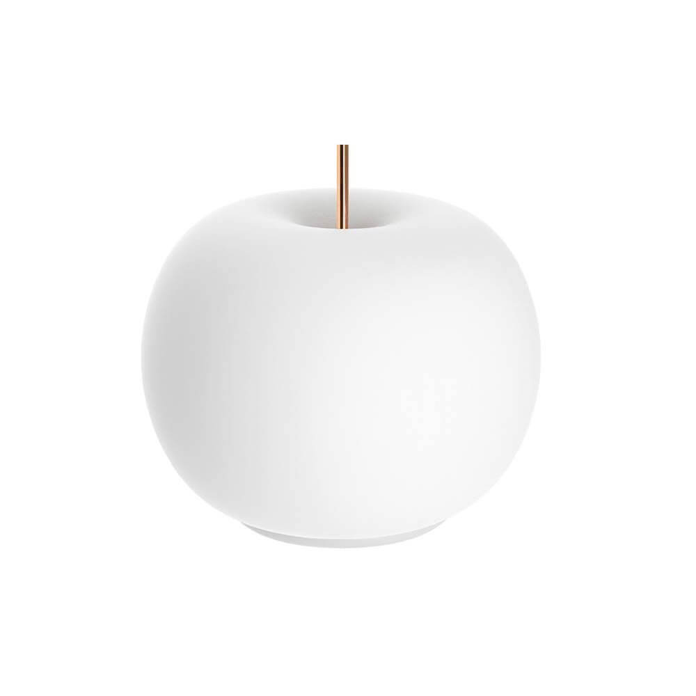 Kundalini LED Akku-Tischlampe Kushi Ø 16cm, runde Form, elegante weiße Oberfläche, goldene Stange, modern und minimalistisch.