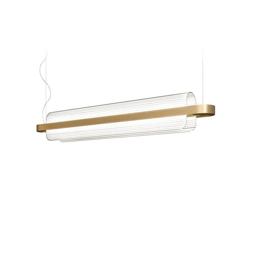Kundalini LED Esstischleuchte Nami 150cm Dimmbar mit elegantem Design aus gebogenem Glas und goldfarbener Halterung.