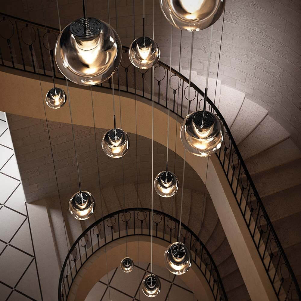 Kundalini LED Hängelampe Dew 3 Ø 25cm Dimmbar in modernem Treppenhaus-Design.