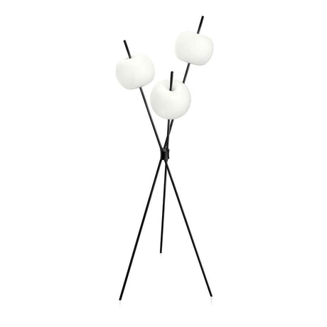 Kundalini LED Stehleuchte Kushi Dreibein 140cm Dimmbar mit drei runden Lampen und schwarzem Ständer.