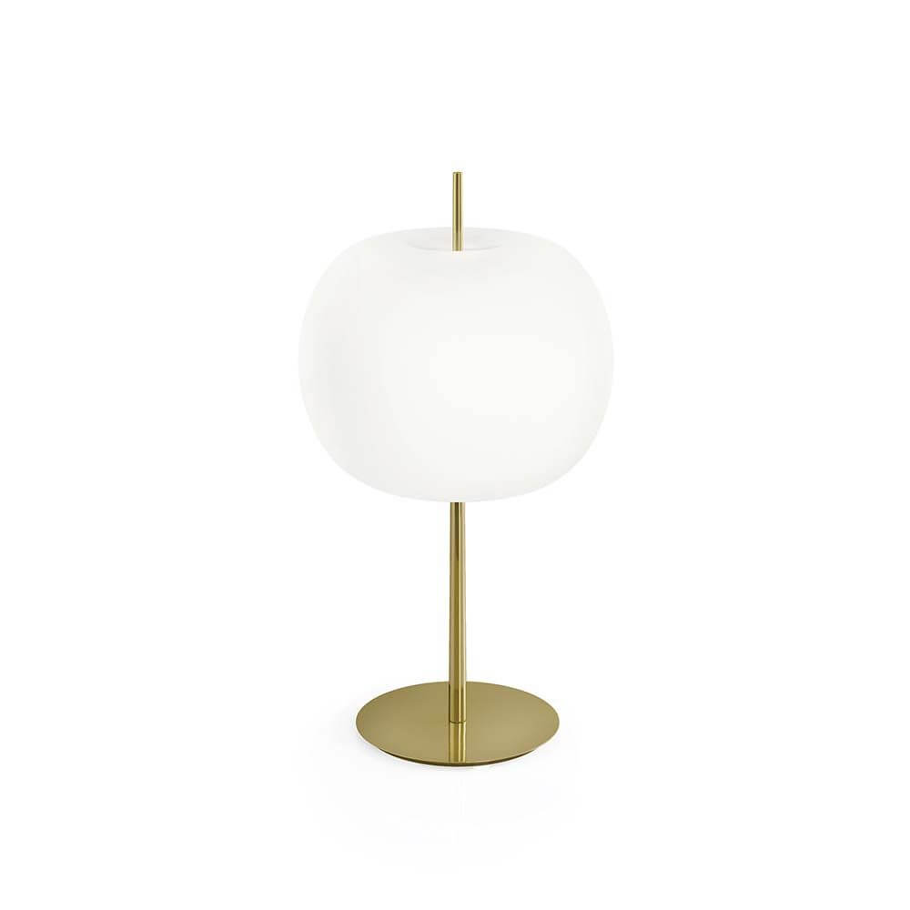 Kundalini Opalglas Tischleuchte Kushi XL 61cm mit Dimmer auf goldfarbenem Fuß, moderne und organische Lampenform.