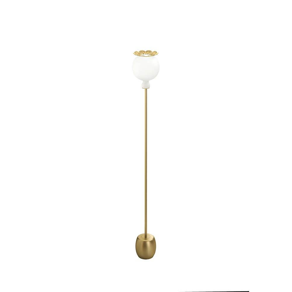 Kundalini Stehlampe Opyo 172cm Glanzlackoptik Dimmbar mit goldenen Akzenten und blütenförmigem Lampenschirm.