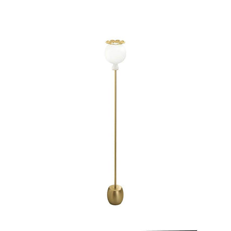 Lampadaire Kundalini Opyo 172 cm avec aspect laqué brillant, dimmable, avec des accents dorés et un abat-jour en forme de fleur.