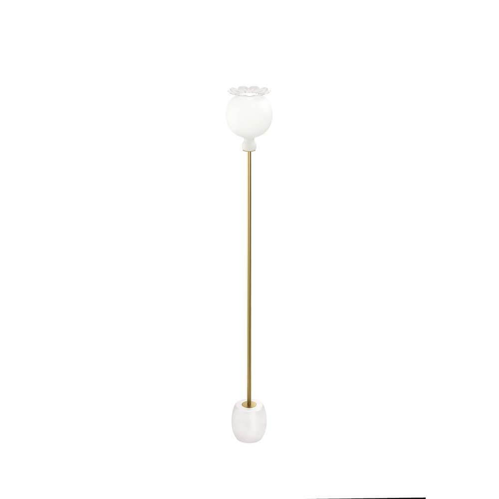 Kundalini Stehlampe Opyo 172cm Glanzlackoptik Dimmbar, elegante Lampe inspiriert von Mohnkapseln in Weiß und Gold.