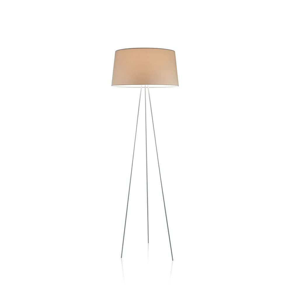 Kundalini Stehlampe Tripod mit Stoffschirm 175cm Dimmbar auf einem modernen, weißen Dreibeingestell.