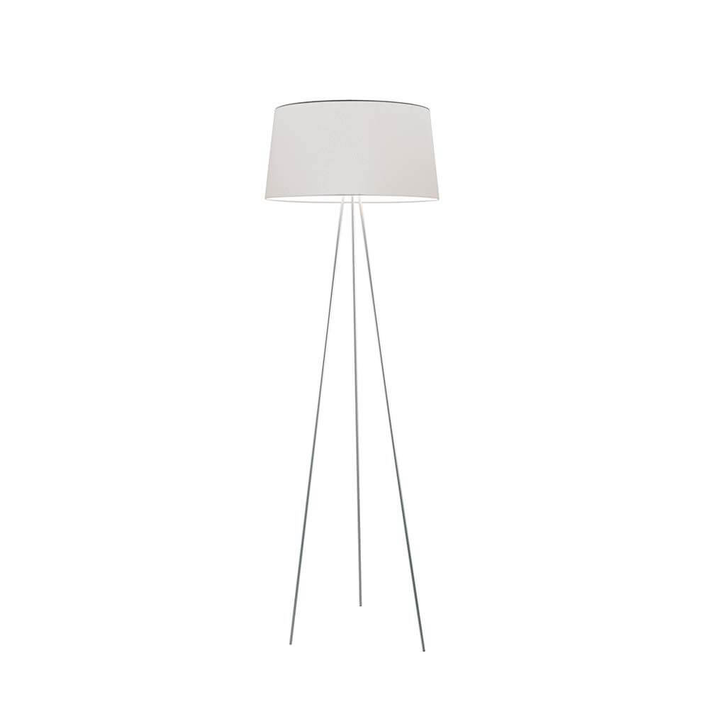 Kundalini Stehlampe Tripod mit Stoffschirm 175cm Dimmbar, modernes weiß lackiertes Dreibeingestell mit schlichtem Schirm.