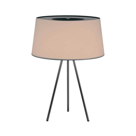 Kundalini Stoff-Tischleuchte Tripod 64cm mit grauer Metallstruktur und feuerfestem Stoffschirm.