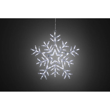 LED Acrylic snowflake with 8 functions 90 cool white diodes IP44 on a dark background.