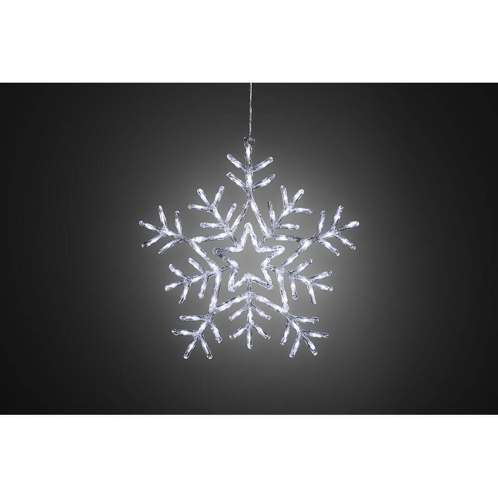 LED Acryl Schneeflocke mit 8 Funktionen 90 Kaltweiße Dioden IP44 an einem dunklen Hintergrund.