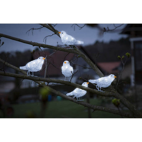 LED Acryl Vögel 5er-Set 40 Kaltweiß 24V auf einem Baum bei Nacht, strahlendes Licht in winterlicher Atmosphäre.