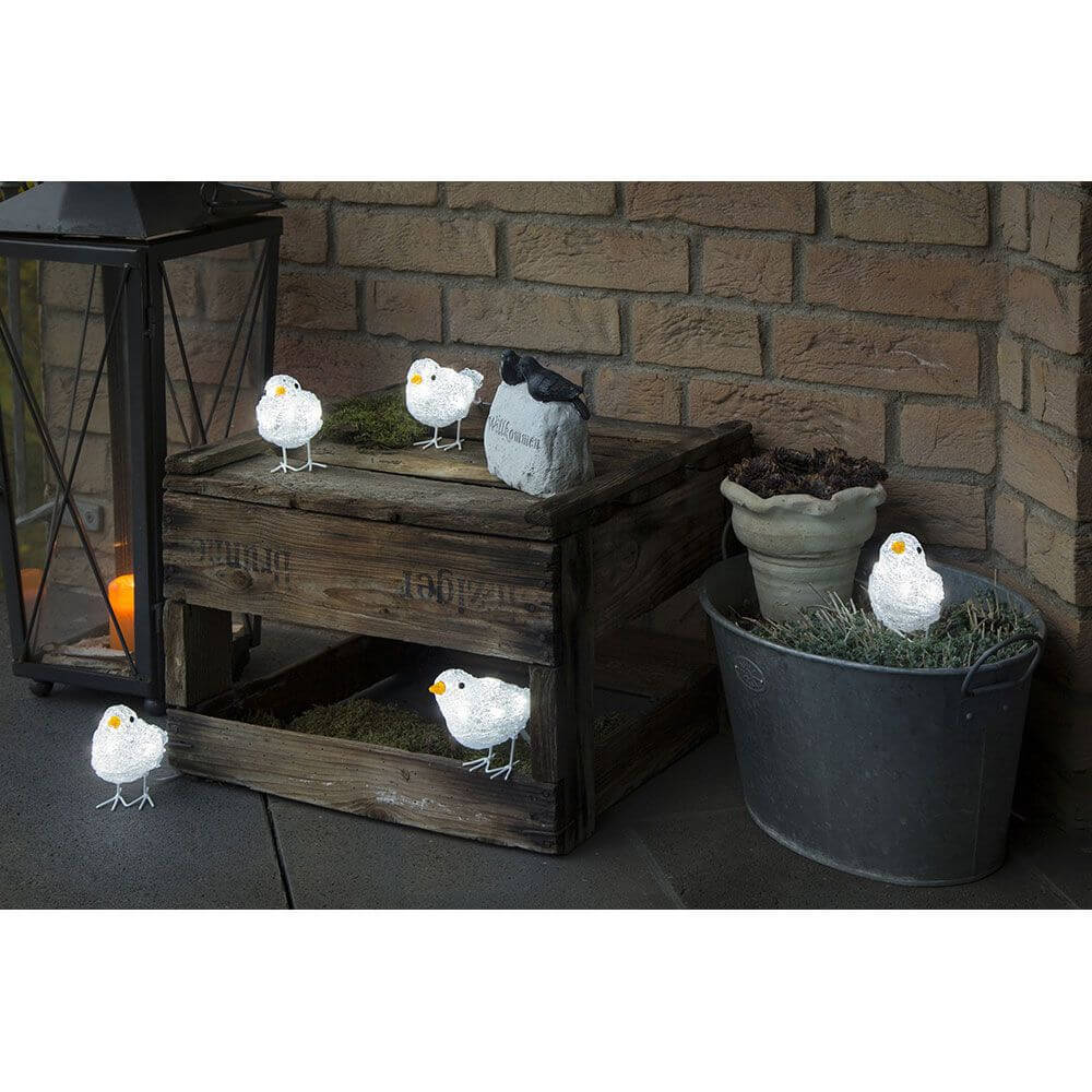 LED Acryl Vögel 5er-Set 40 Kaltweiß 24V dekorieren einen gemütlichen Außenbereich mit charmantem Licht.