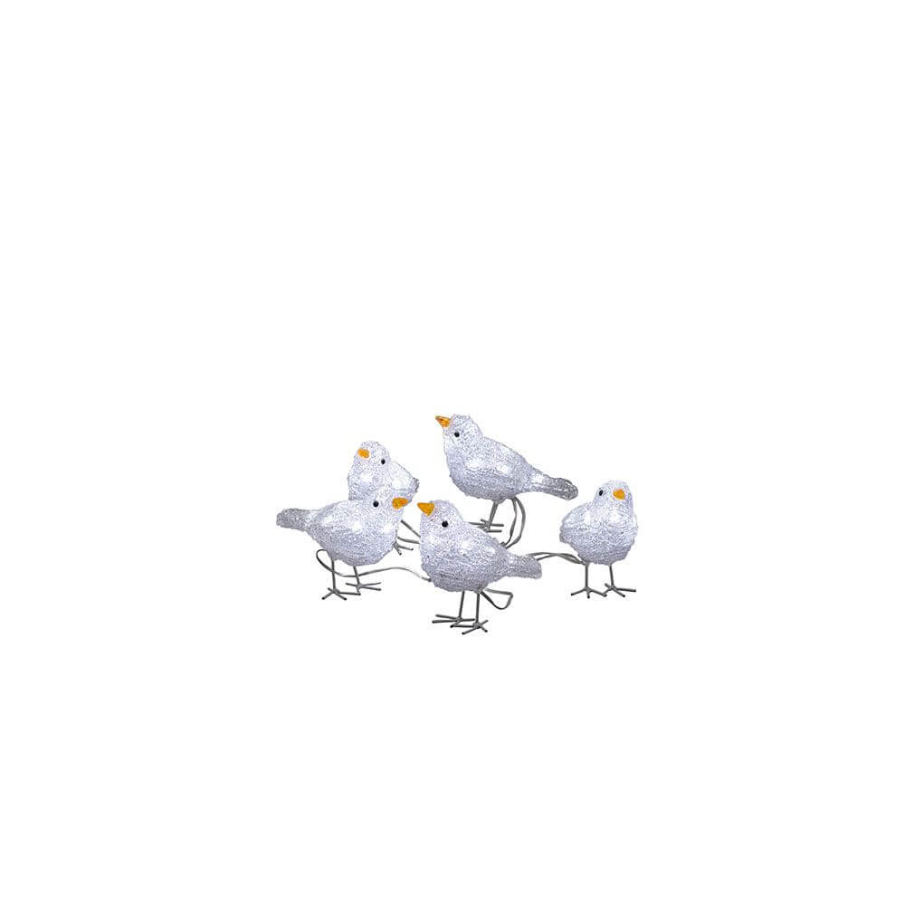 LED Acryl Vögel 5er-Set 40 Kaltweiß 24V, detailreiche Garten-Deko in Form von fünf leuchtenden Vögeln.