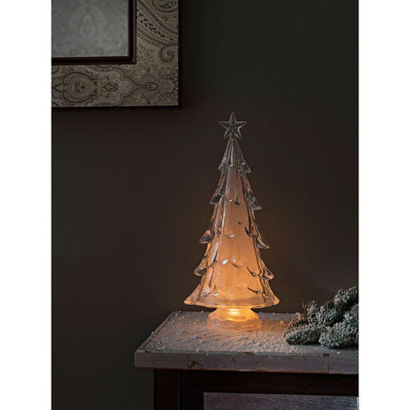 LED Acryl Weihnachtsbaum 3 Warmweiße Diode batteriebetrieben auf Tisch mit warmem Licht.