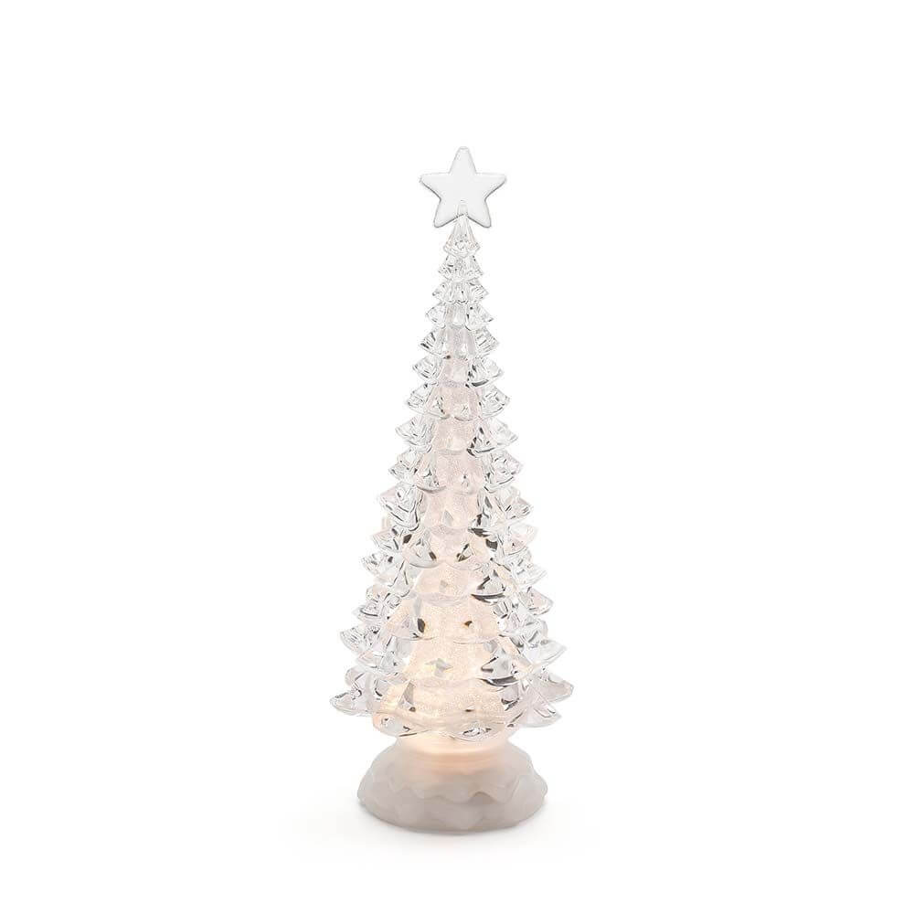LED Acryl Weihnachtsbaum rotierend 3 Warmweiße Diode batteriebetrieben in klarer, eleganter Form mit leuchtendem Stern.