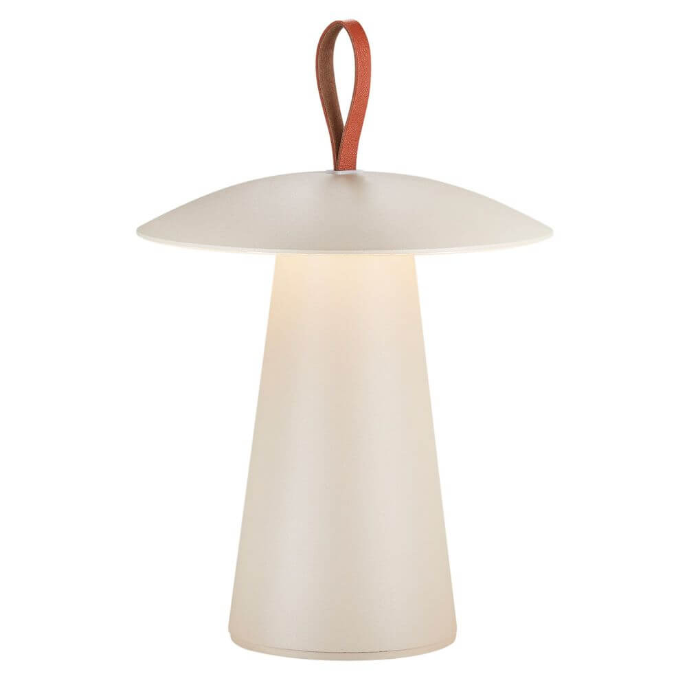 LED Akkuleuchte Ara To-Go 2 IP54 in modernem kegelförmigem Design mit Lederdetails