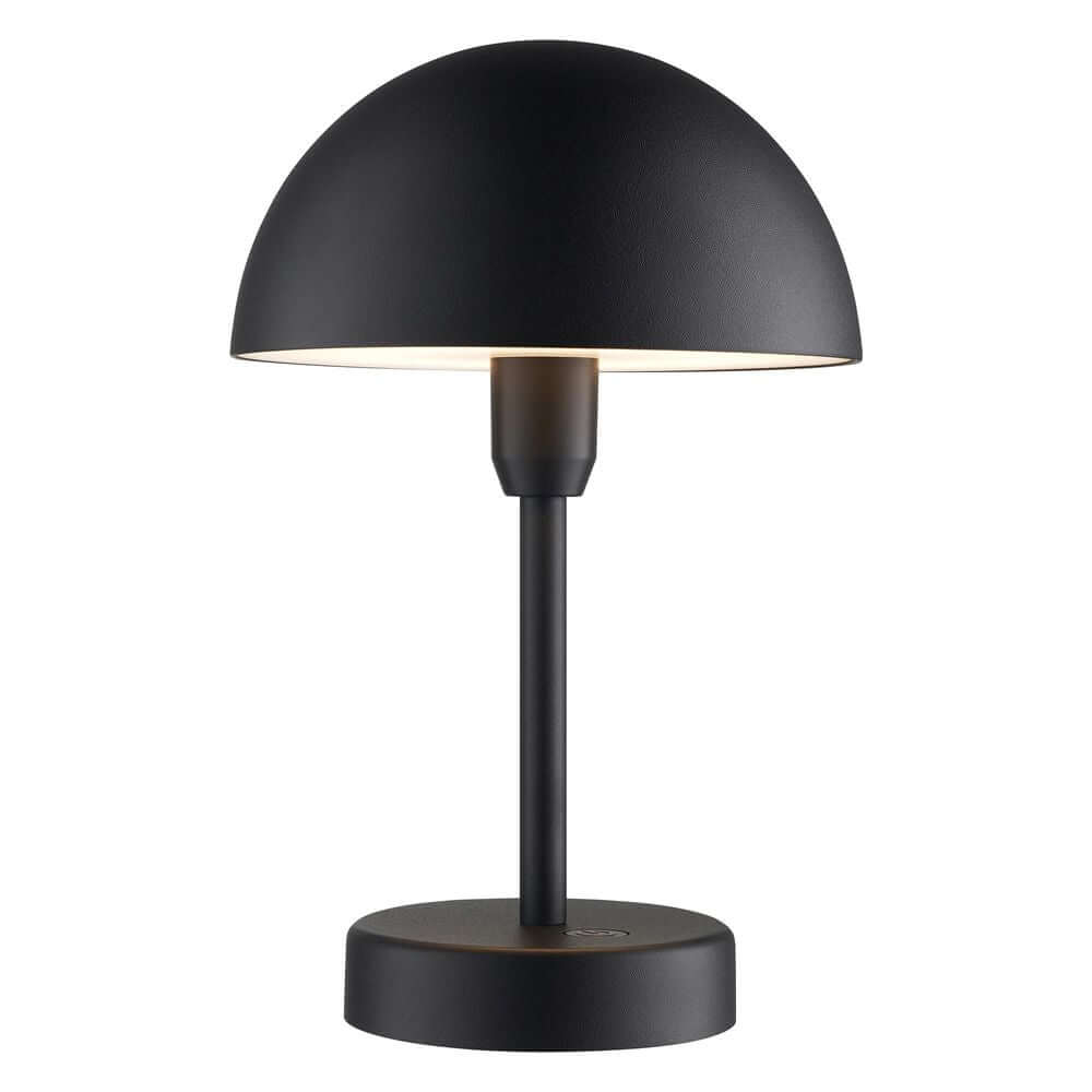 LED Akkuleuchte Ellen To-Go IP44 im eleganten Design mit schwarzem Lampenschirm und stabiler Basis.