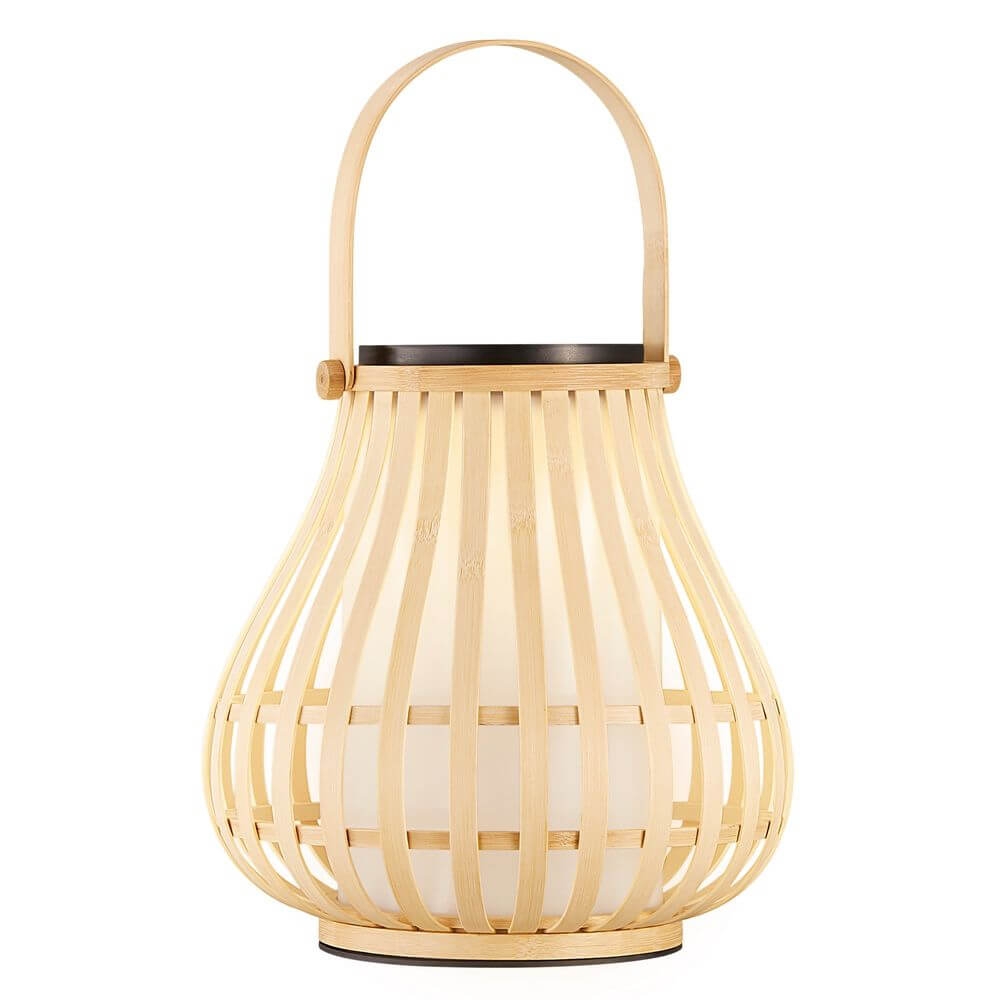 LED Akkuleuchte Leo Solar IP44 - moderne Solarleuchte im natürlichen Design mit Handgriff für Garten und Terrasse.