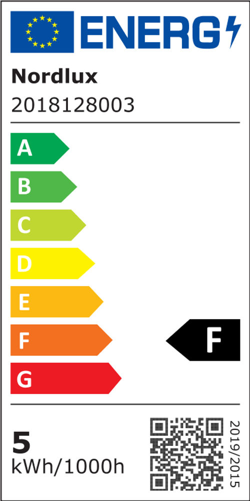 Energieverbrauchslabel Nordlux mit F-Klasse für LED Akkuleuchte, 5 kWh/1000h