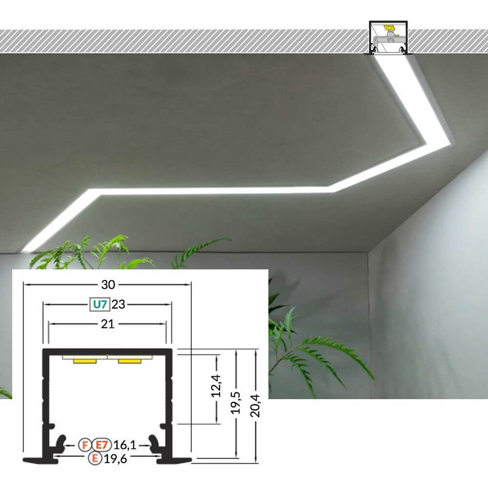 LED Aluminium Profil 2m Einbau mit Abmessungen und Lichtinstallation an der Decke.