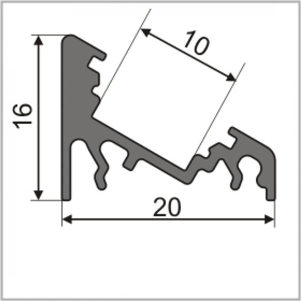 LED Aluprofil 2 Meter 30° Ecke in Grau, Maßstab 16x20x10 mm - ideal für moderne Beleuchtungslösungen.