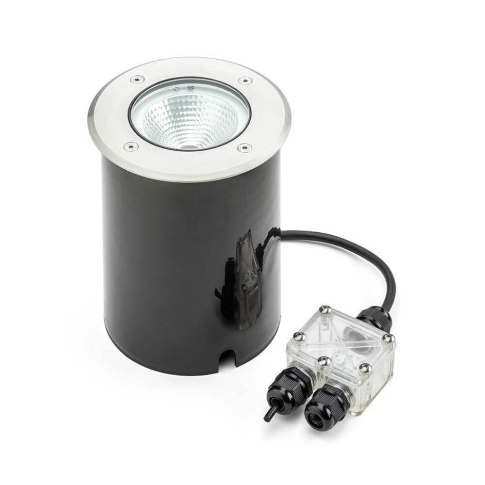 LED Außen Boden-Einbaustrahler Warmweiß mit transparentem Anschlusskasten und Kabel.