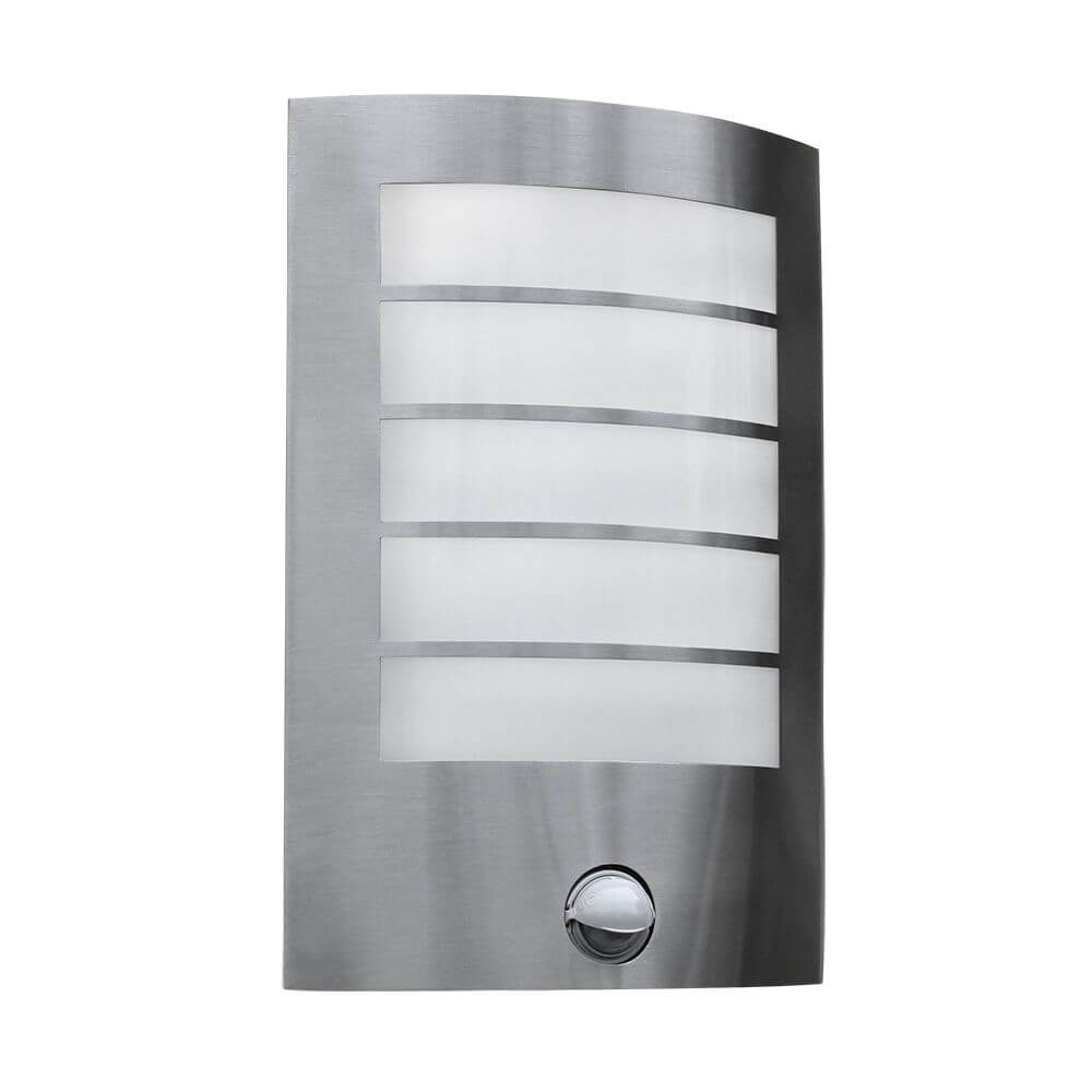 LED Außen-Wandlampe Slim mit Sensor IP44 Edelstahl in modernem Design mit Edelstahl- und Diffusor-Elementen.